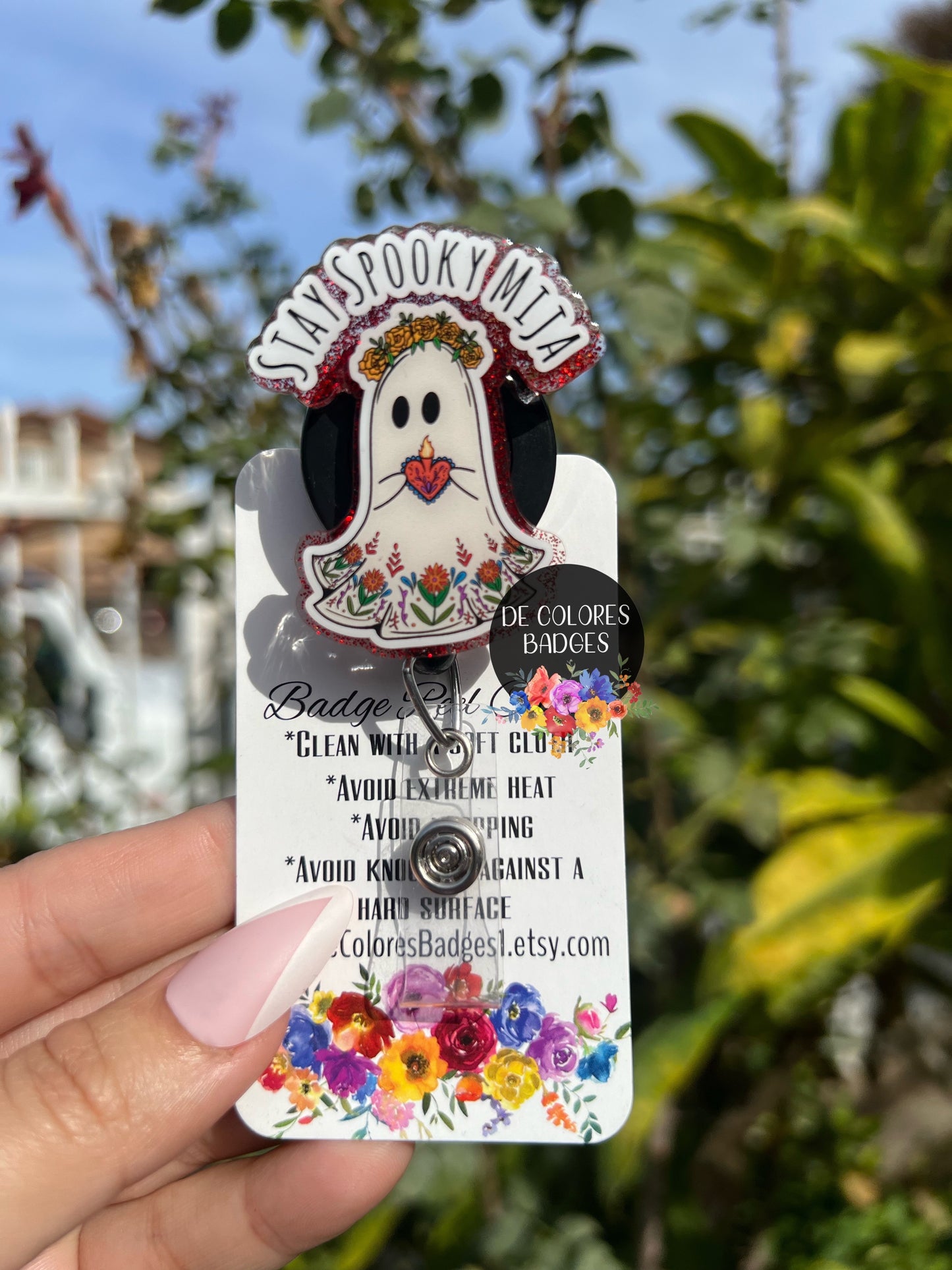 Stay Spooky Mija Badge, Ghost Llorrona Badge, Mexican Halloween Badge, Halloween Conchas Badge, Mexican Ghost Badge