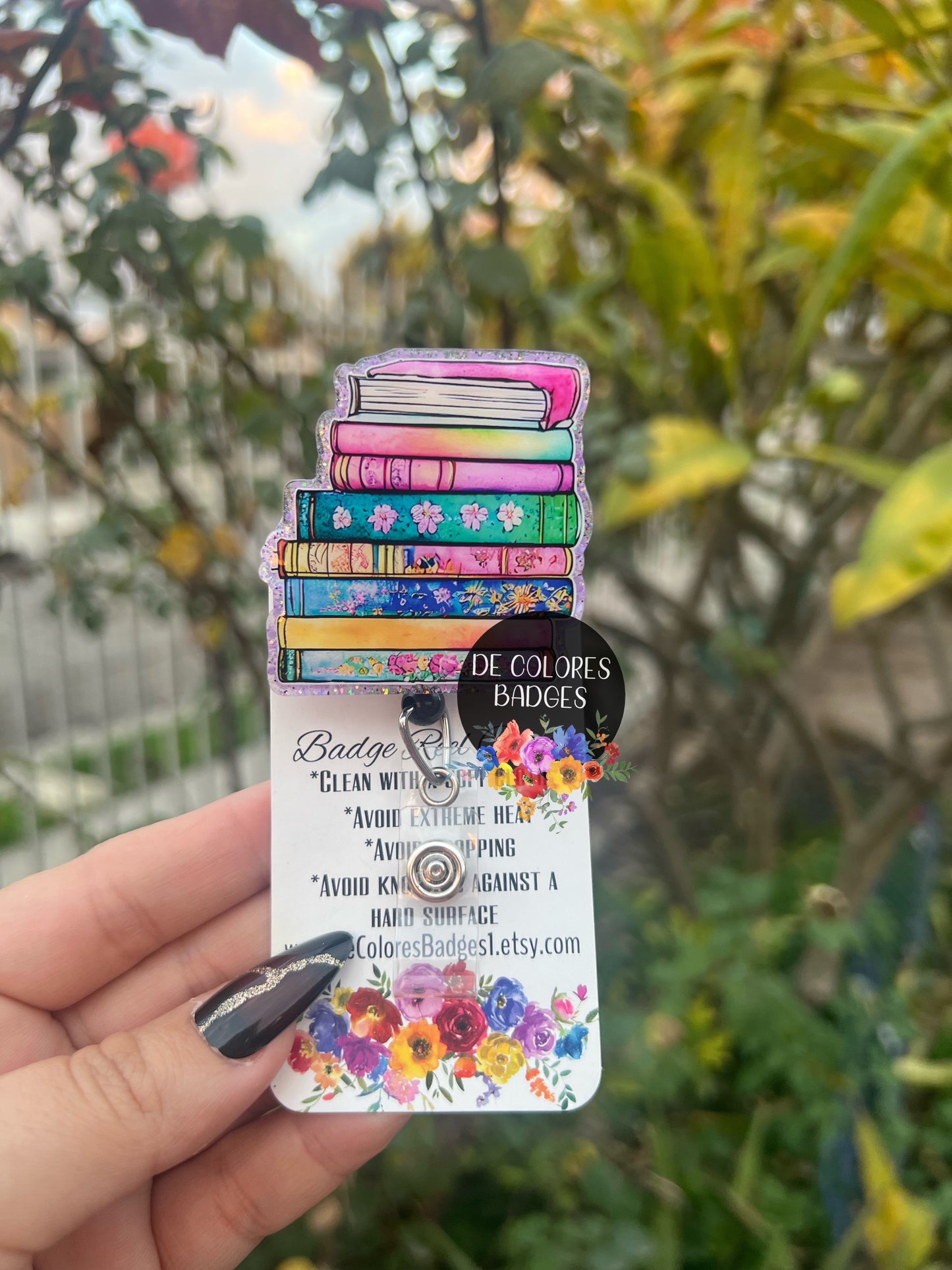 Pink Stacked Books Badge Reel | Library Badge Reel | Reading Badge Holder | Read Gift | Teacher Gift | Librarian Badge Reel | Books Retractable Badge Reel