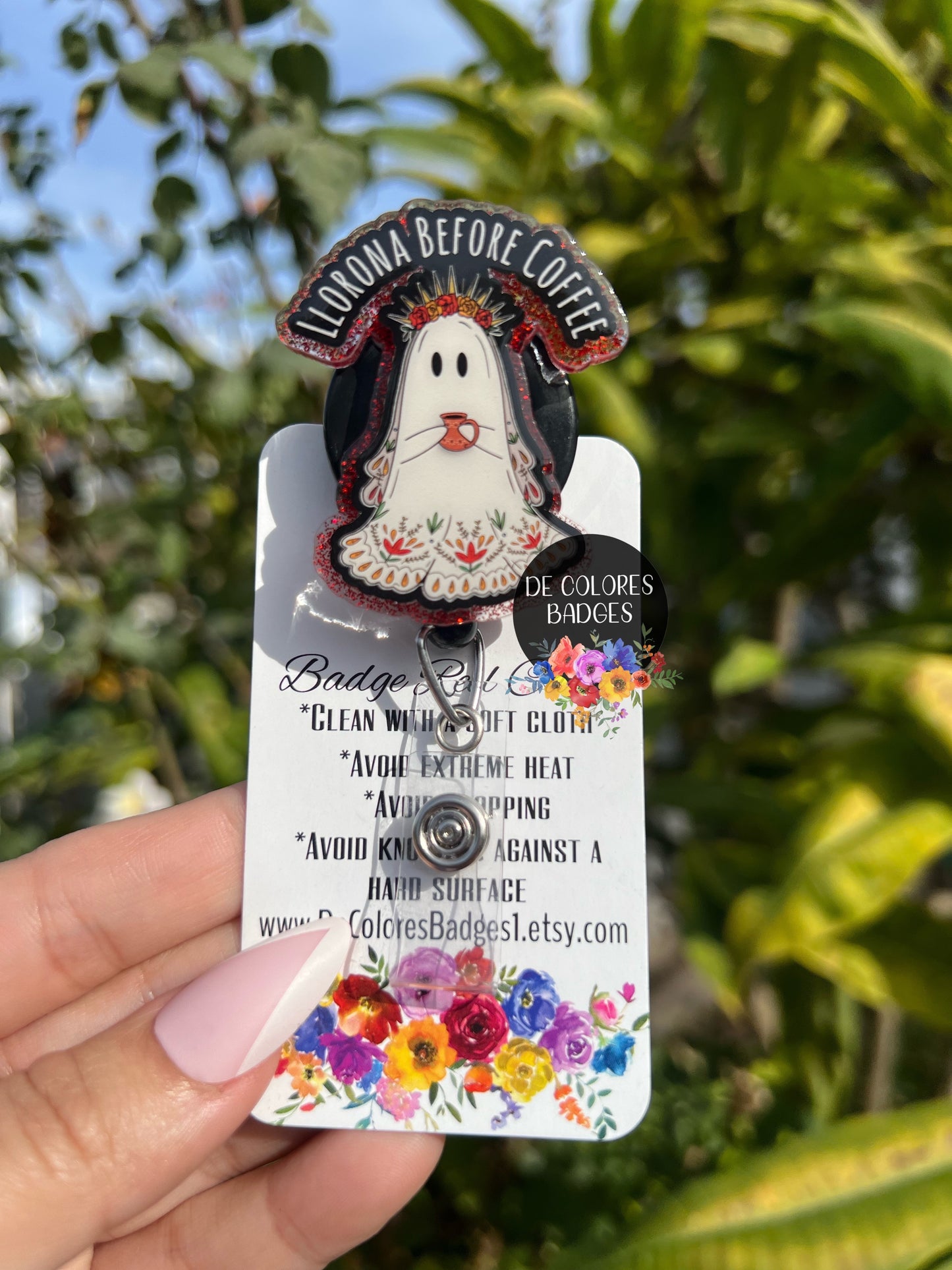 Llorona Before Coffee Badge, Ghost Llorrona Badge, Mexican Halloween Badge, Halloween Conchas Badge, Mexican Ghost Badge