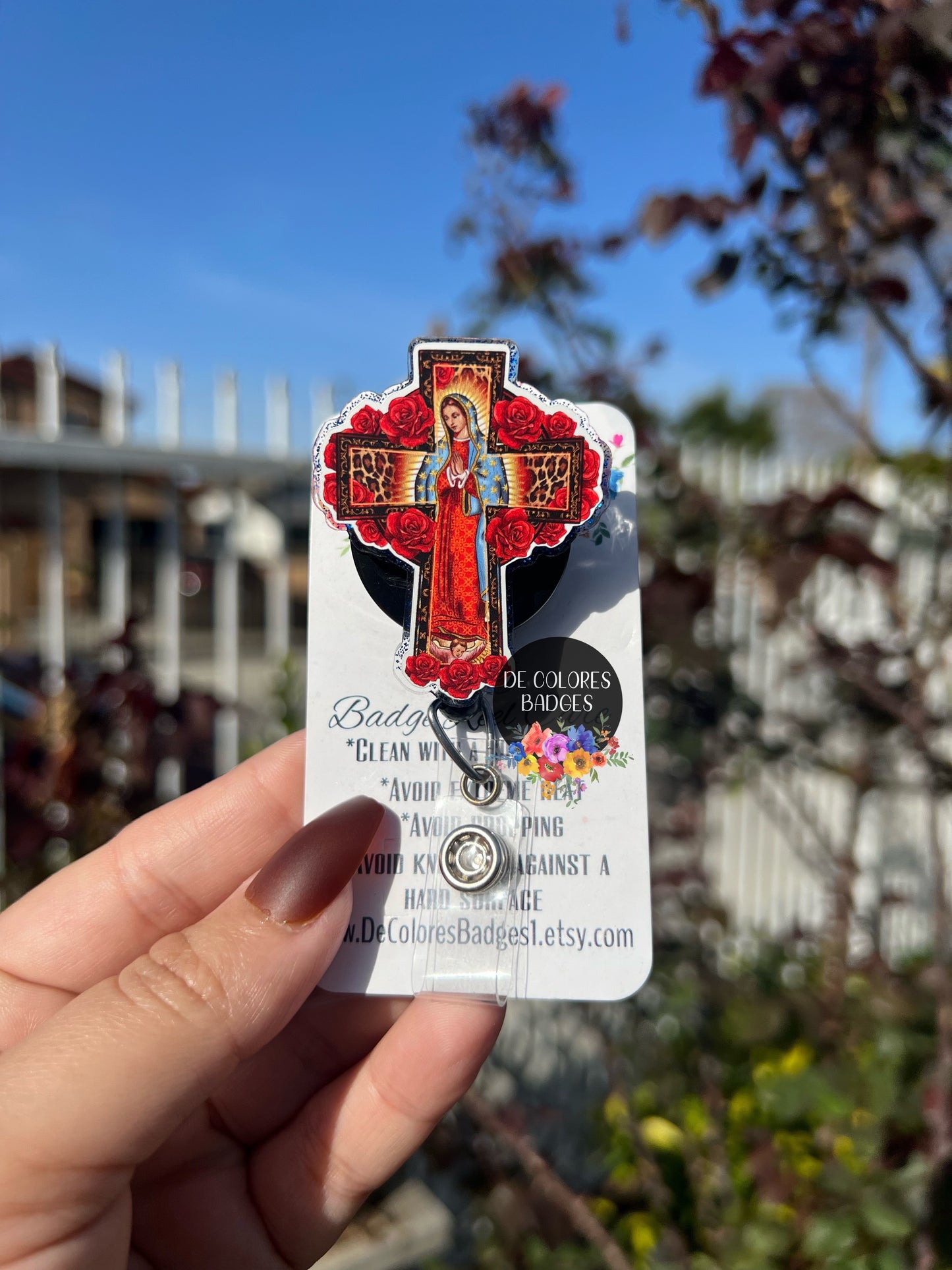 Virgen de Guadelupe badge reel, holder cross Faith, hope healing badge, angel Mother Jesus Communion Praying hands prayer our lady mary bdge