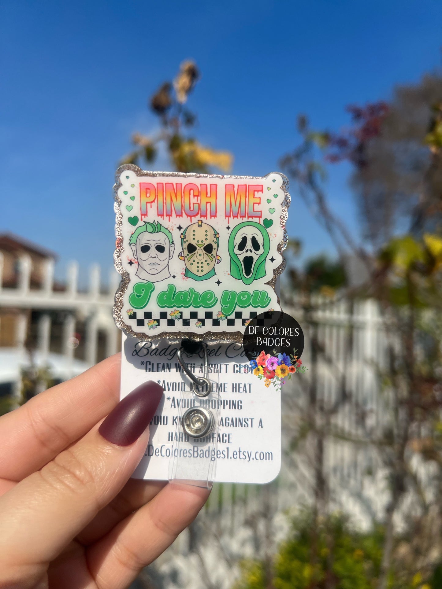Pinch Me I Dare You Badge, Lucky Shamrock Badge, Patricks Horror Movie Badge, Retro Checkered Badge, St Patrick's Day Badge, Horror Badge Reel