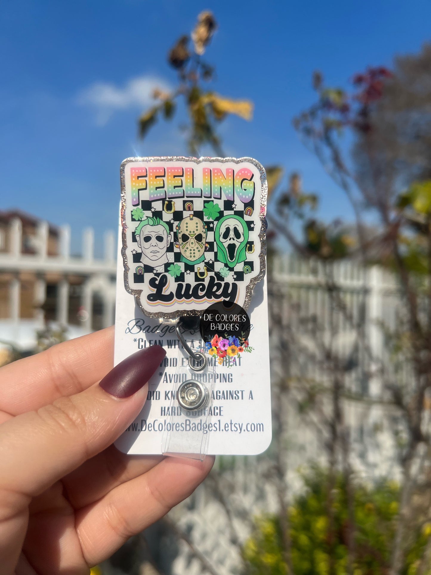 Feeling lucky badge, retro st Patrick's day badge, horror movie badge, st Patrick’s day badge, lucky vibes badge, four leaf clover, rainbow