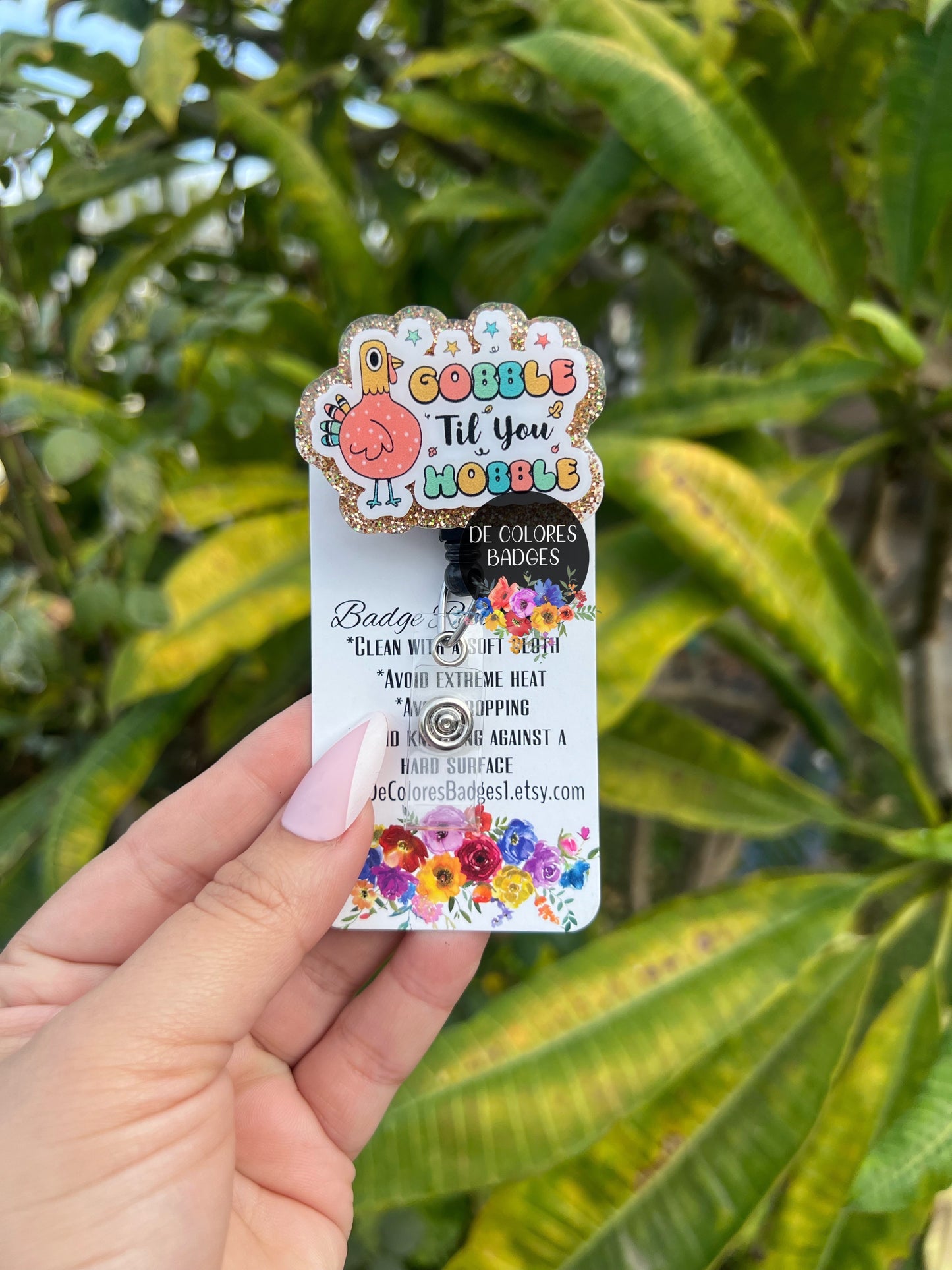 Gobble ‘til You Wobble Badge Reel, Thanksgiving Badge, Nurse Badge Clip, Teacher Lanyard, Coworker Gift, Retractable ID Holder | GLITTER
