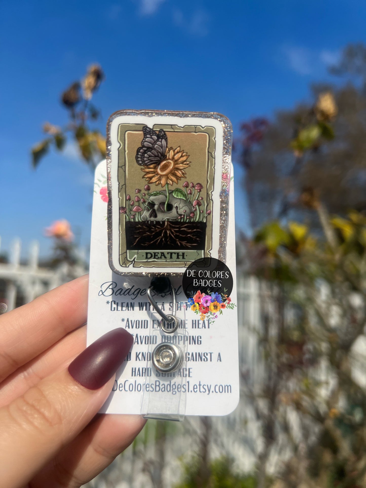 The Death Tarot Card badge, Halloween Book badge, Bookish badge, Witchy Stuff Mystical Literature badge, Skeleton Librarian badge
