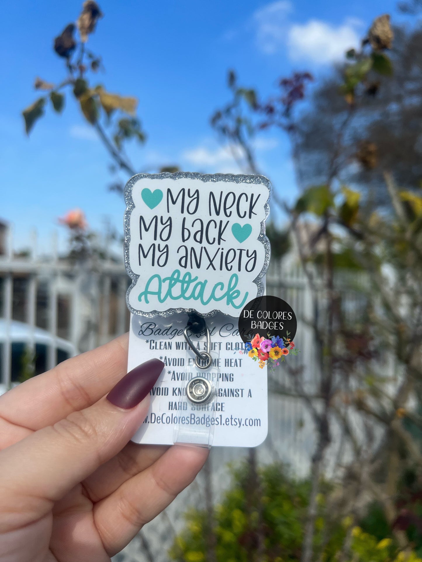 My Neck, My Back, My Anxiety Attack Funny Badge Reel, RN ID Holder, Retractable Acrylic Badge Reel, Office ID Holder