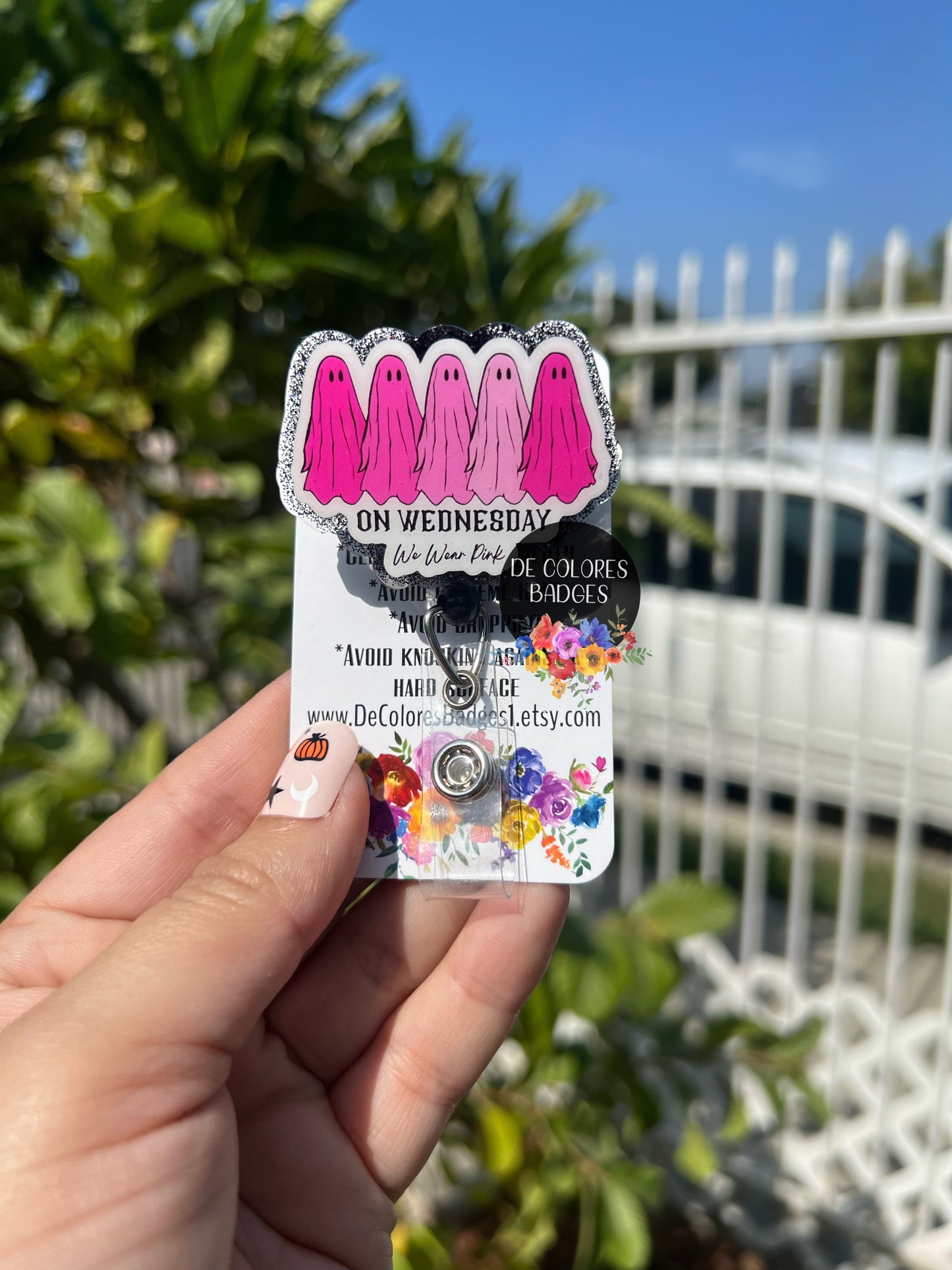 On Wednesday We Wear Pink Badge, Breast Cancer Awareness Badge, Pink Ghost Halloween, Halloween Ghouls Badge, Ghouls Badge reel, Ghost Badge
