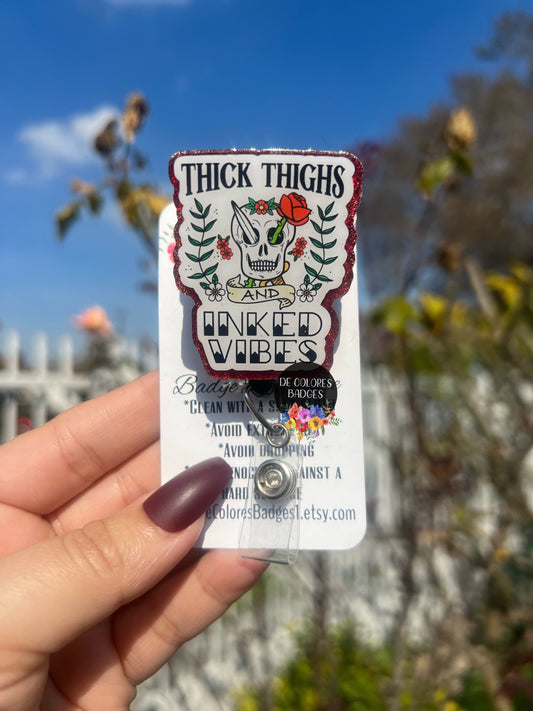 Thick Thighs And Inked Vibes Badge, Thick Thighs Badge, Spooky Vibes Badge, Funny Halloween Badge, Witch Quote, Funny Halloween Badge, Inked