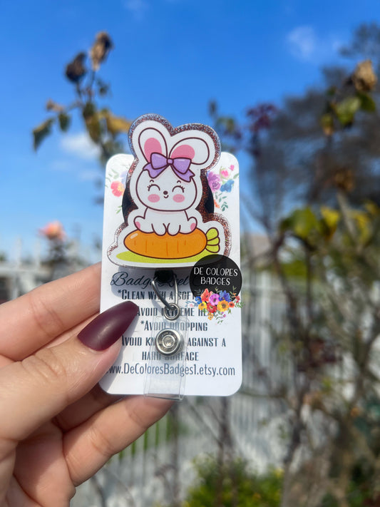 Pink Bunny Badge Reel | Retractable | Easter Bunny Badge Holder | Sitting Bunny | Name tag holder | Animal Badge holder | Interchangeable